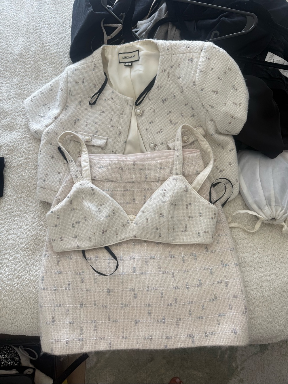 Assignment Revolve Cropped Tweed 3 piece set in Cream - Picture 2 of 5